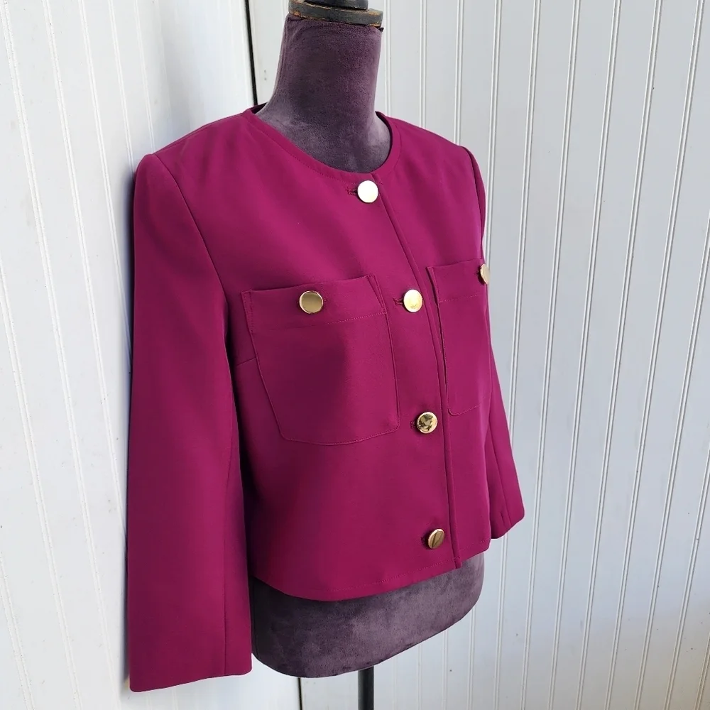 INC International Concepts Magenta Pink Blazer Women Gold Button 3/4 Sleeve S